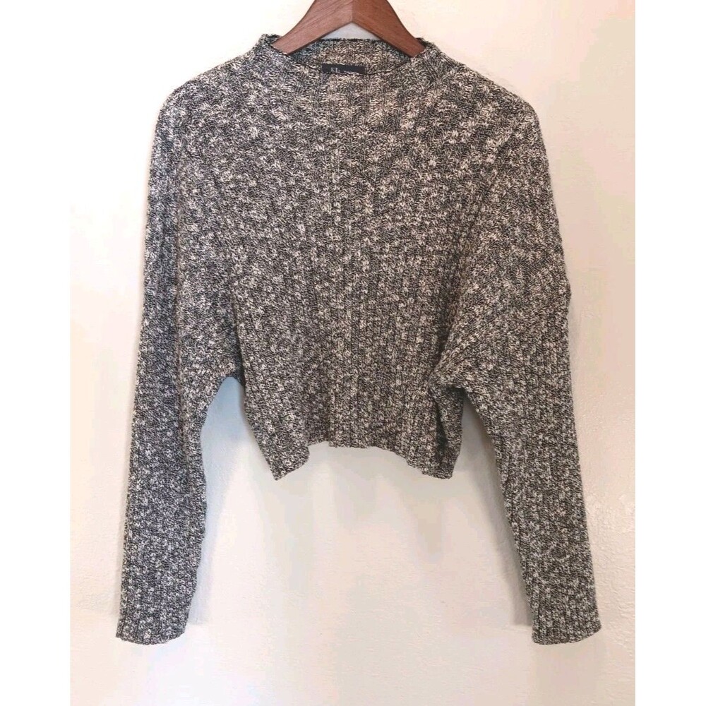 KLd 100% Cotton Cropped Sweater Sz L  Charcoal Marl Ribbed Mock Neck Made in USA